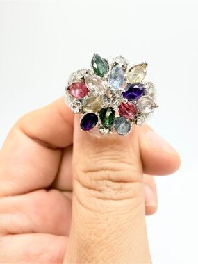 Vintage Silver Tone Multicolor Crystal Flower Statement Ring